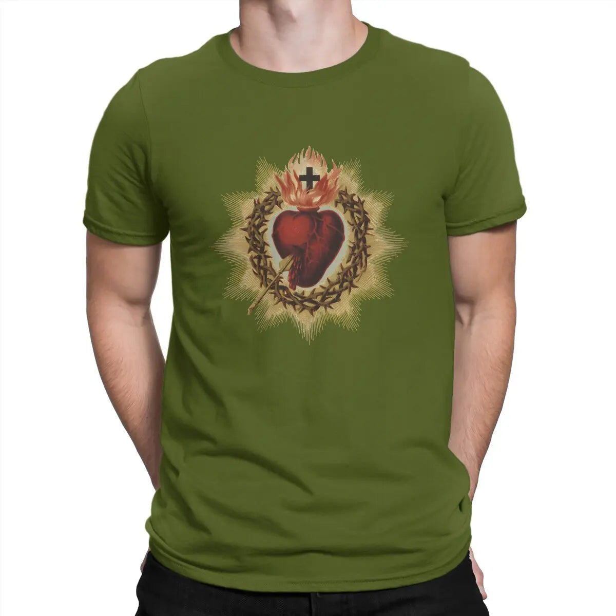 Sacred Heart Catholic T Shirt Men Cotton Vintage T-Shirt Crewneck Jesus God Cross Tee Shirt Short Sleeve Clothing Gift Idea