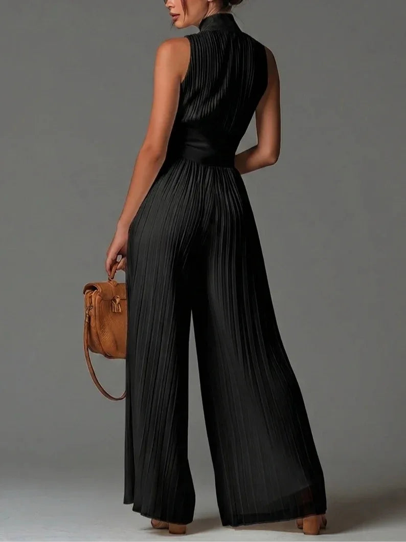2026 White Pleated Neck Jumpsuit Women's Long Wide-leg Fashion Sexy Pleated Jumpsuits Sexy Slim Fits Sleeveless Rompers Y2K