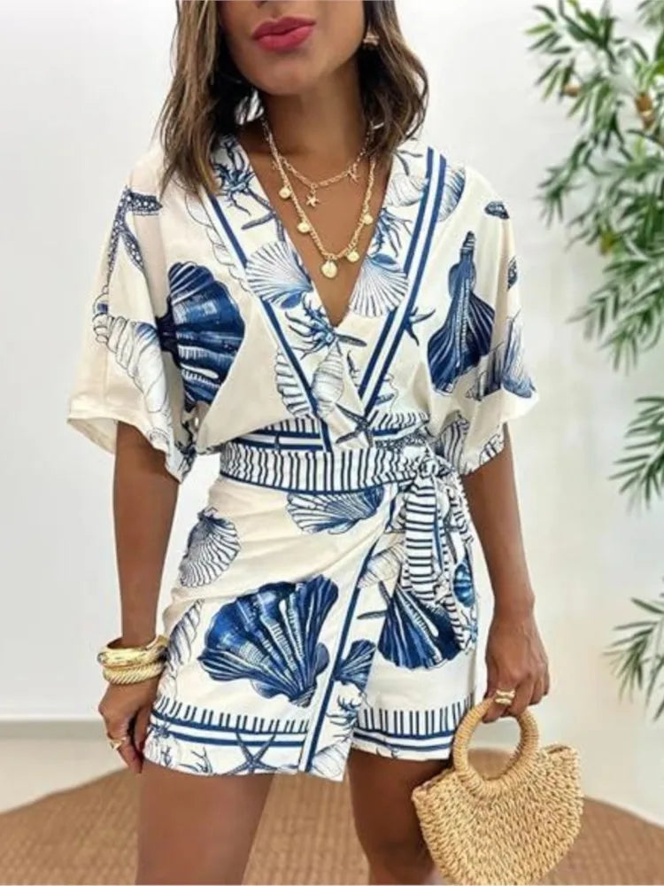 Fashion Printed Short Sleeve Women's V-neck Slim Fit Jumpsuit Summer New Casual Bohemian Female Vacation Lace Up Rompers 2026