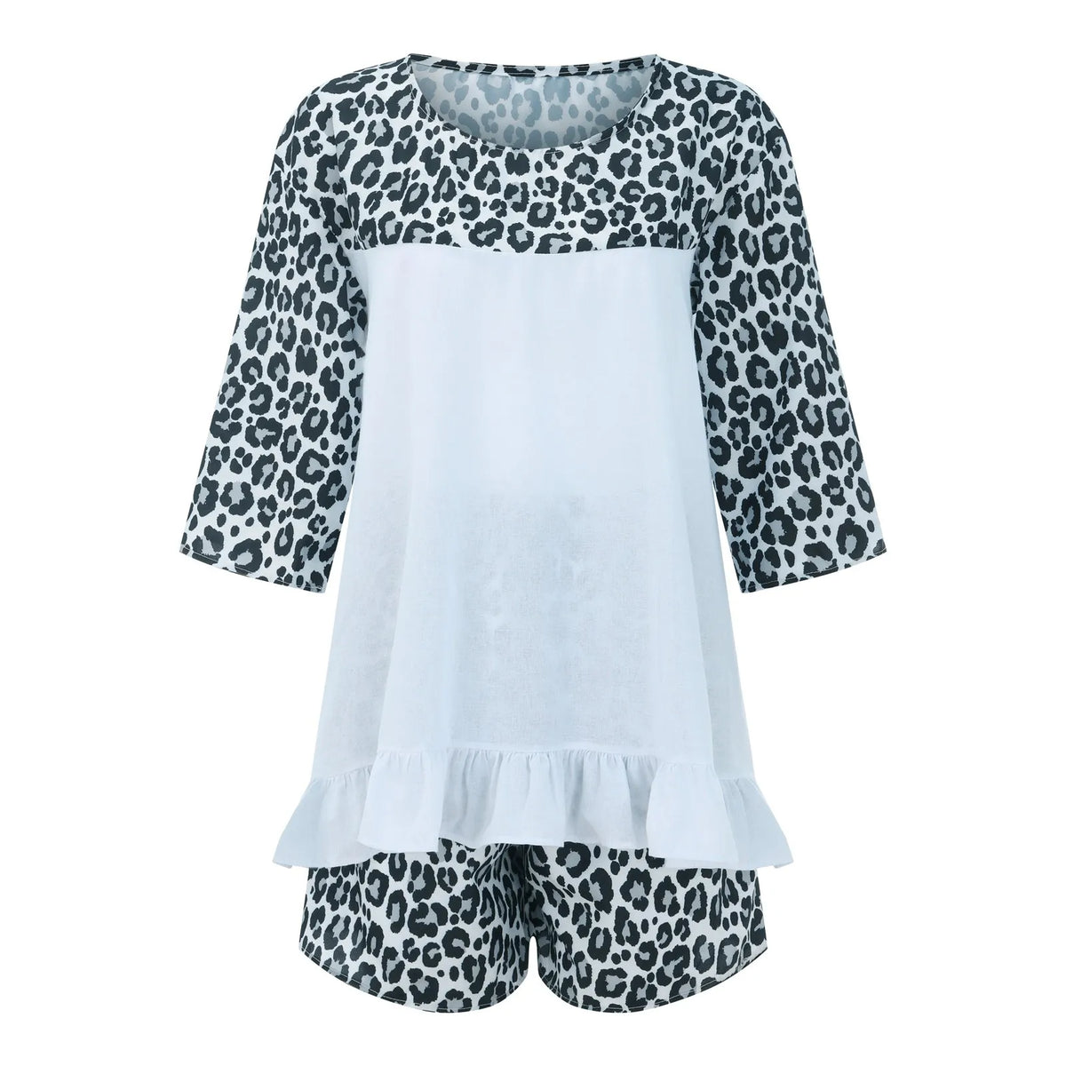 Summer Vintage Leopard Patchwork Outfits Set Cotton Linen Shirt Tops And Loose Shorts Suit Casual 3/4 Sleeve Women Two Piece Set