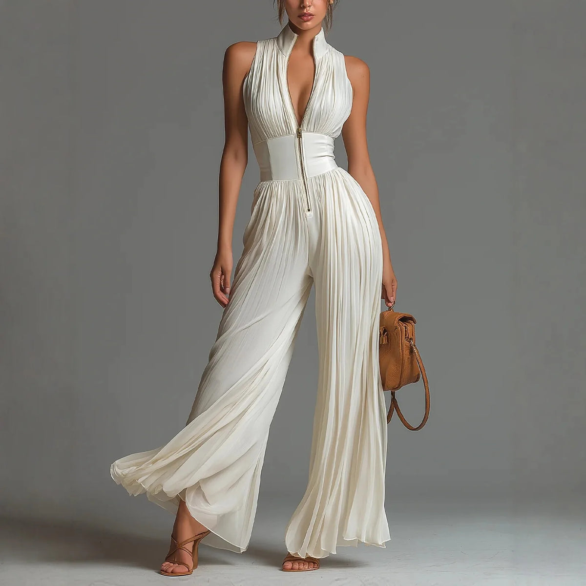 2026 White Pleated Neck Jumpsuit Women's Long Wide-leg Fashion Sexy Pleated Jumpsuits Sexy Slim Fits Sleeveless Rompers Y2K