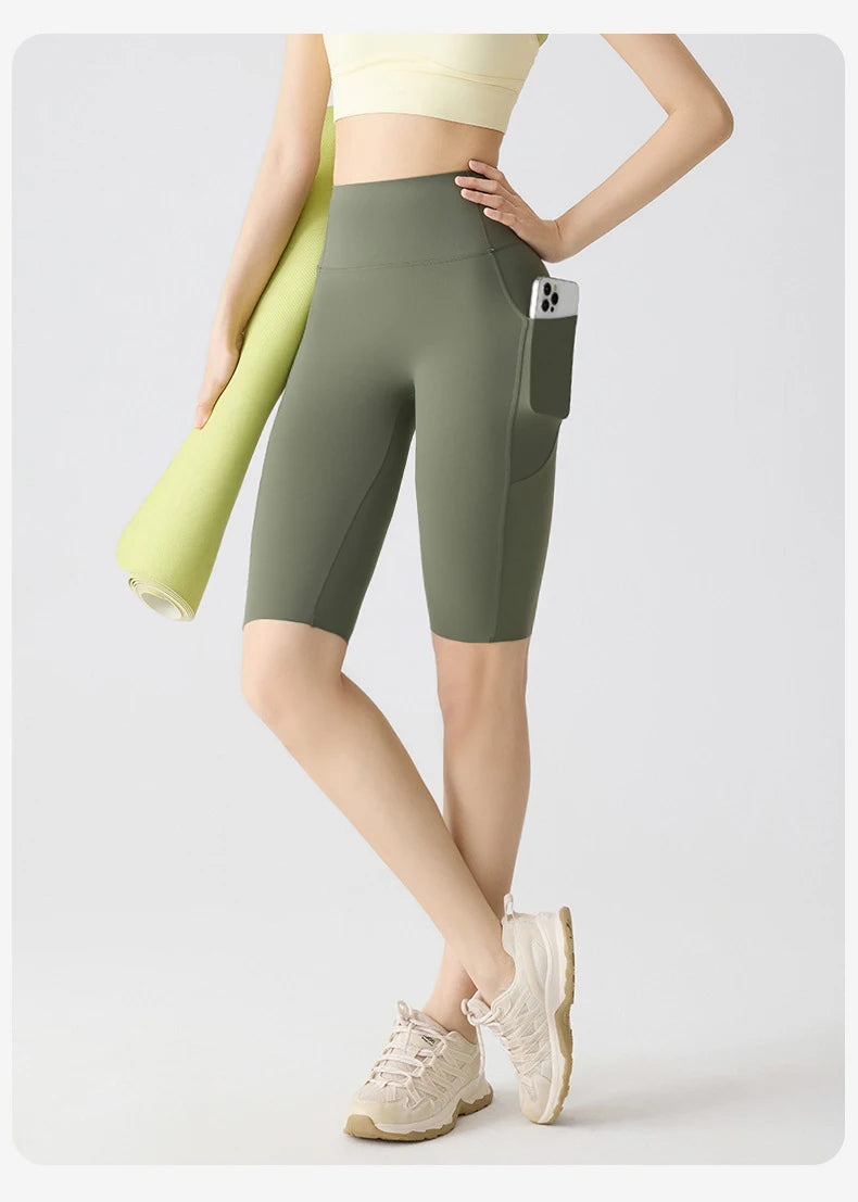 BIVIGAOS Summer Pocket Yoga Sharkskin Bicycle Shorts Women Thin High Waist Push Up Naked Feeling Sports Fitness Cycling Shorts