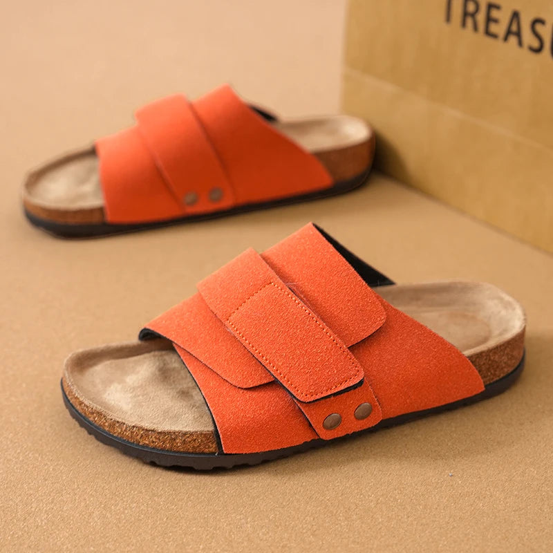 Men Women Clogs Suede Leather Cork Slippers Comfort Footbed Adjustable Open Shoes Slide Sandals Indoor Home Outdoor for Couples