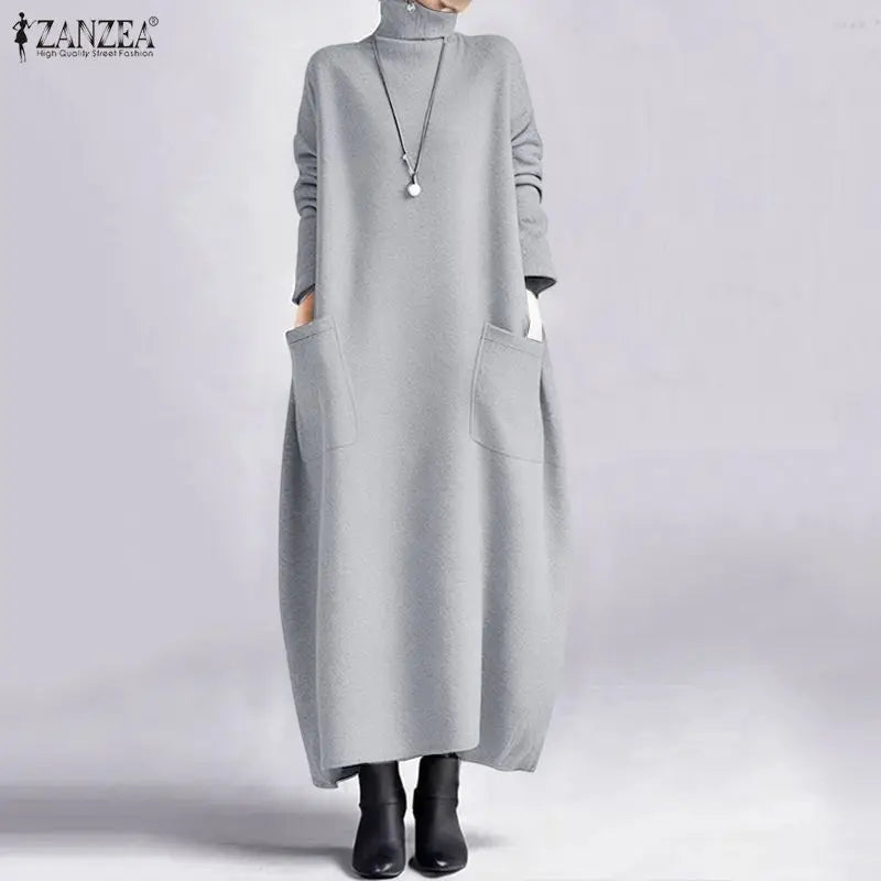 ZANZEA Fashion Sweatshirt Dress Women Casual Turtleneck Long Sleeve Solid A-Line Midi Dresses for Woman FW 2025 Cozy Warm Robes
