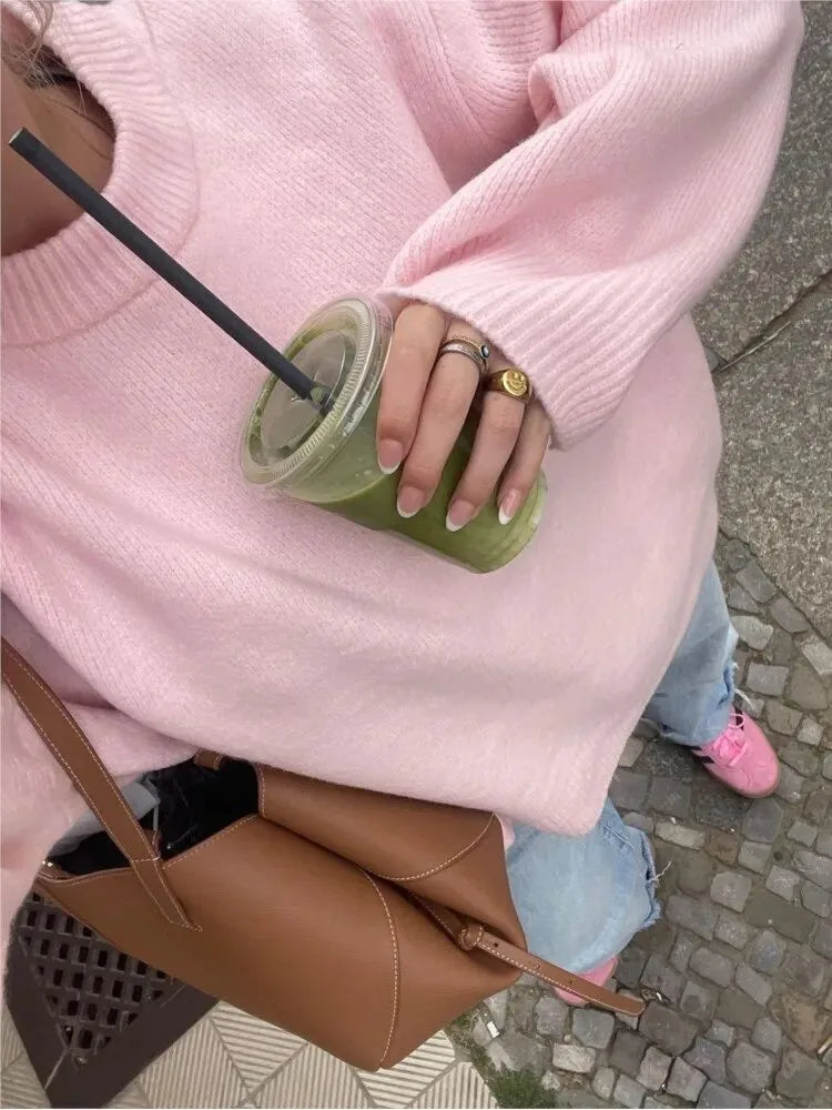 Women's Pink Knitted Sweater Cozy Long Sleeve Large Size Pull Knitwears Pullovers Cute Core Top White Fall 2025 New Streetwear