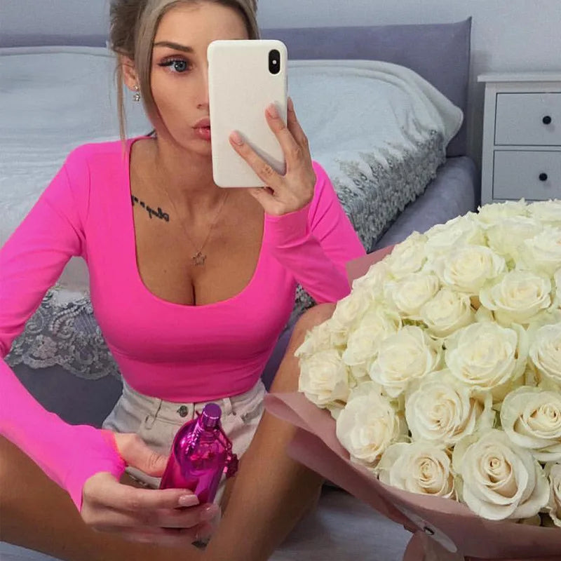 Orange Neon Bodysuit Women Long Sleeve Bodycon Sexy Autumn Winter Streetwear Club Party Outfits Casual Female Clothing