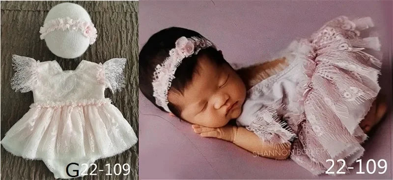 0-3Month Baby Newborn Photography Props Baby Hat Baby Girl Lace Romper Bodysuits Outfit Photography Clothing
