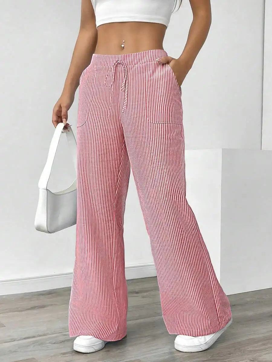 Summer Striped Wide Leg Pants Women High Waisted Drawstring Loose Fit Slimming Casual Straight Leg Harem Pants Female Trousers