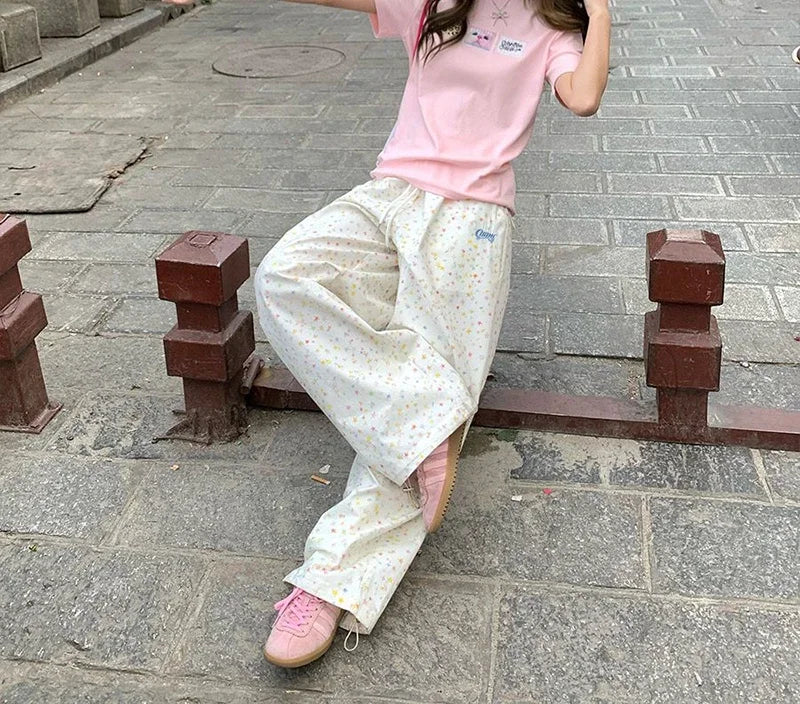 Korean Vintage Stars Print Letter Cargo Pants Women Fashion High Waist Wide Leg Trousers Casual Loose Preppy Style Female Pants