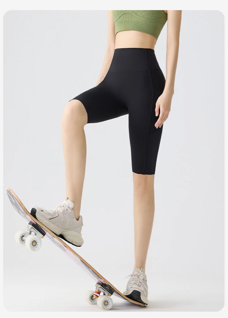 BIVIGAOS Summer Pocket Yoga Sharkskin Bicycle Shorts Women Thin High Waist Push Up Naked Feeling Sports Fitness Cycling Shorts