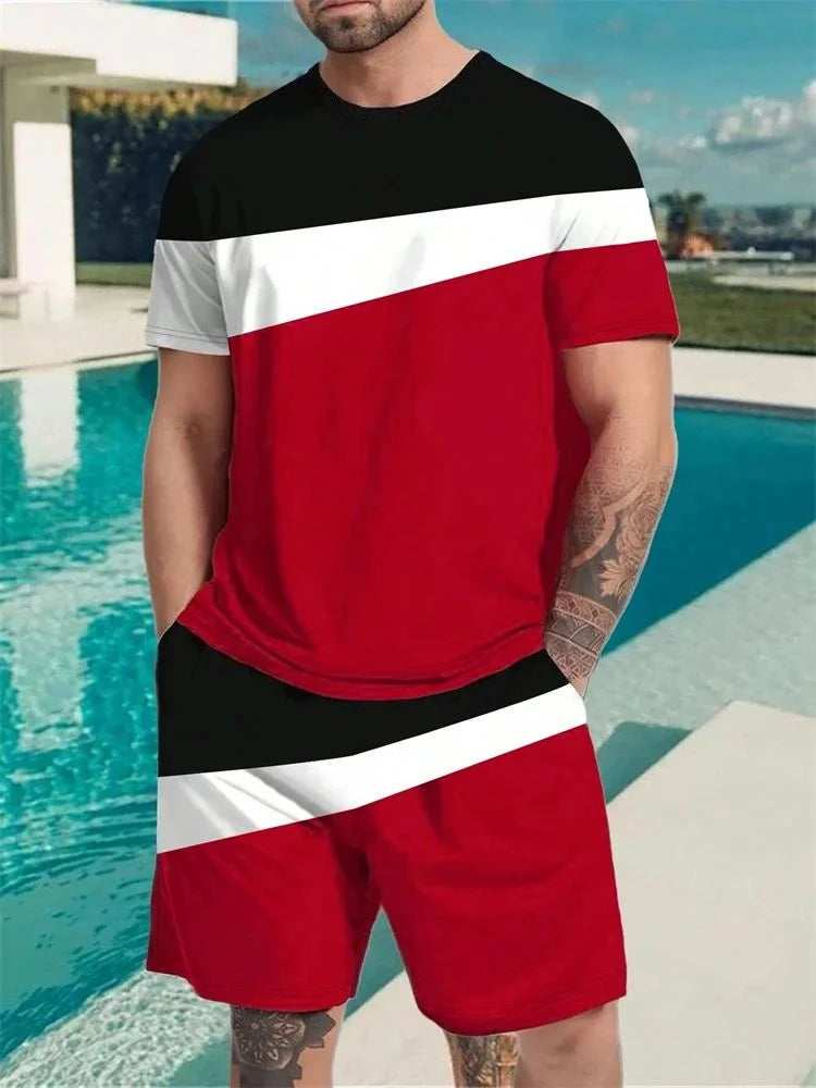 New Rose Pattern Men's T-shirt Round Neck Short Sleeve Drawstring Shorts Outdoor Breathable Casual Short Sleeve Set