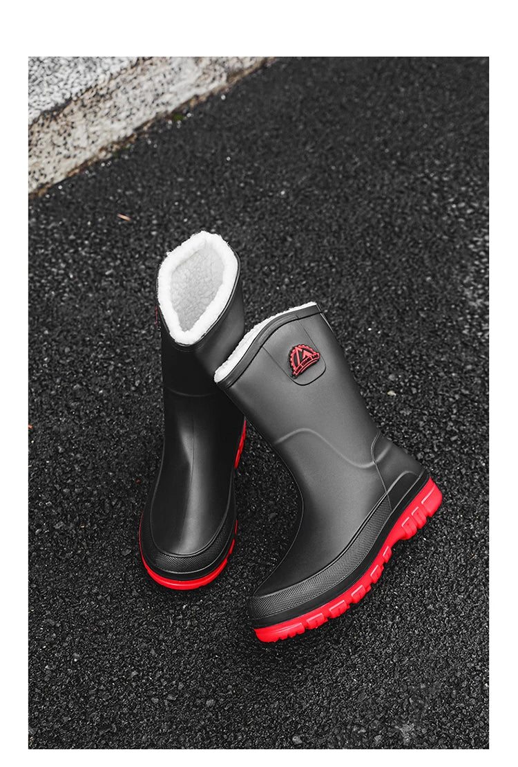 Men's Winter Fleece Lined Mid-Calf Rain Boots Anti-Slip Waterproof Work Rubber Boots Car Wash Fishing Outdoor Wear Water Shoes