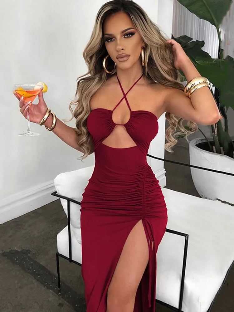 Summer Woman Dress Halter Neck Sleeveless High Waist Slit Maxi Dress Ruched Side Backless Elegant Party Evening Black for