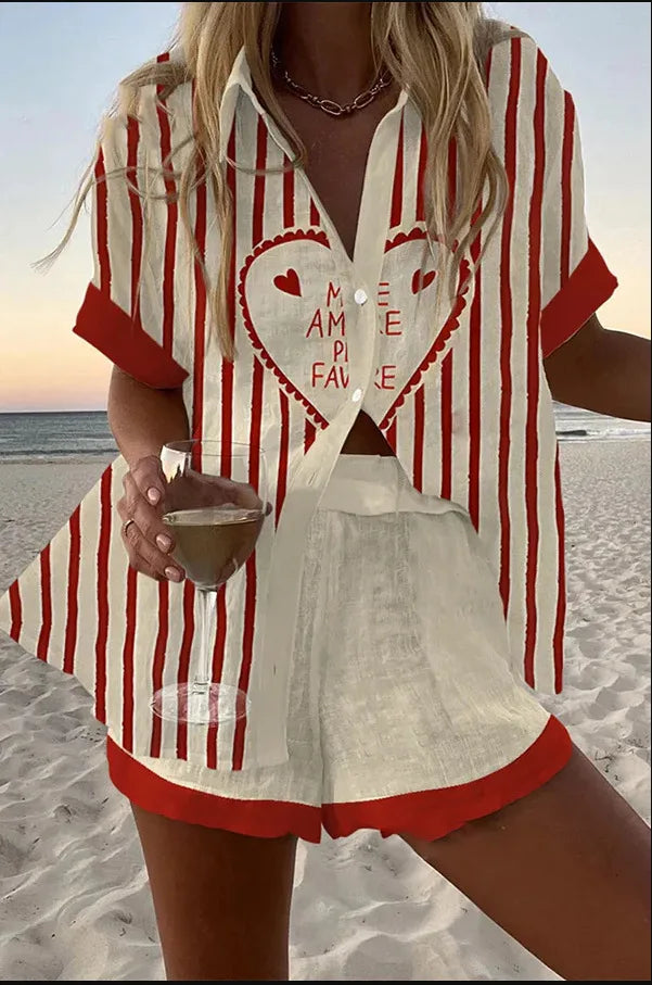 Summer New Print Beach Holiday Set For Women Fashion Short Sleeve Buttoned Shirt Wide Legs Shorts Oversized Two Piece Set