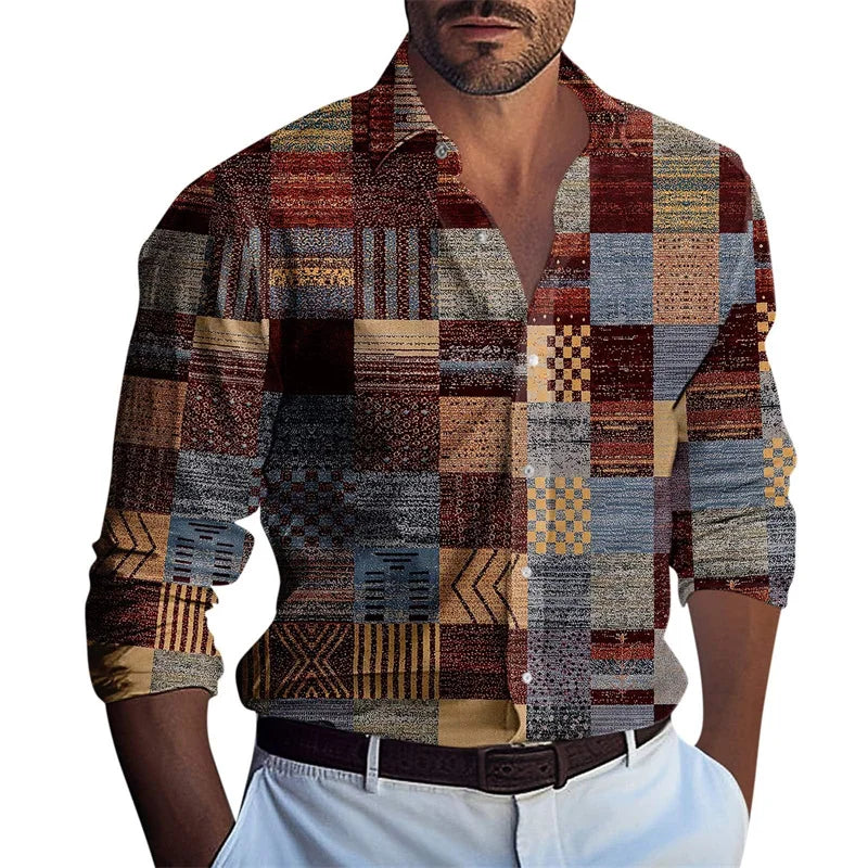 New Men's Long Sleeve Shirt Casual Fashion 3D Grid Printed Pattern Button Folding Classic Shirt Top