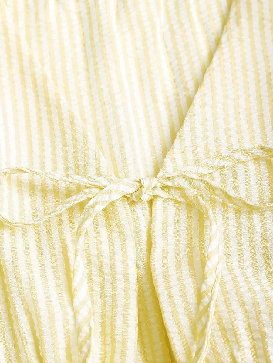 Summer Solid Color Tie Pants Set Stripe Casual Sweet Versatile Loose Comfortable Vacation Daily Two Piece Set