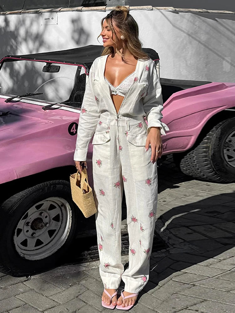 Casual Women's Jumpsuit V-neck Full Sleeve Zipper Straight Print Floral Female Jumpsuits 2026 Summer Fashion Chic Lady Outfit