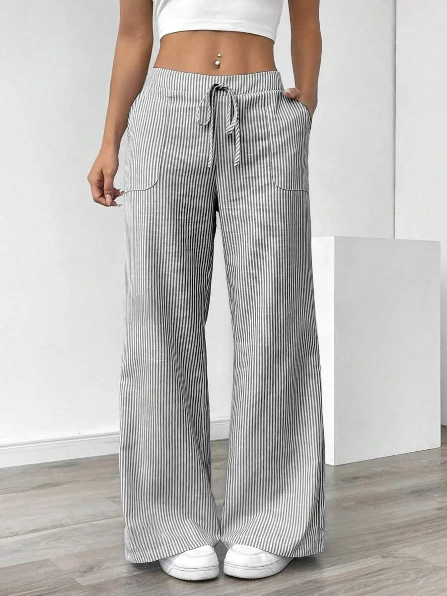 Summer Striped Wide Leg Pants Women High Waisted Drawstring Loose Fit Slimming Casual Straight Leg Harem Pants Female Trousers