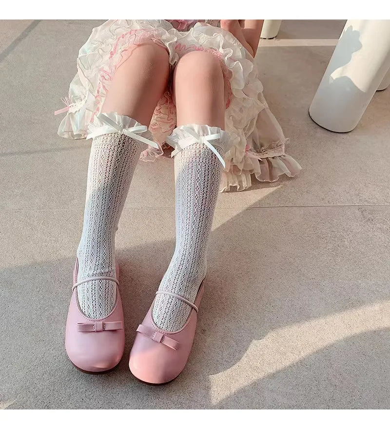 Girls Long Tube Lace Stockings Sweet Bow Jacquard Pattern Mesh Sock Baby Girl Ballet Fishing Net Frilly Socks Lolita Leggings