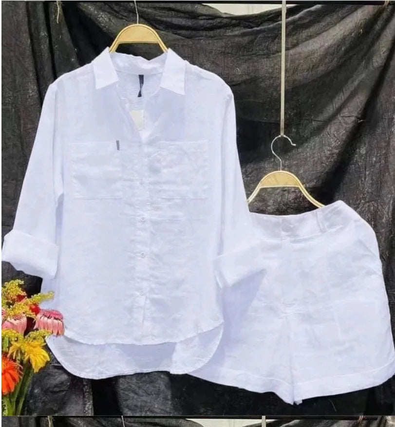 Summer Autumn Cotton Linen Casual Home 2 Piece Set For Women Fashion Long Sleeve Shirt And Shorts Two Piece Sets Tracksuit