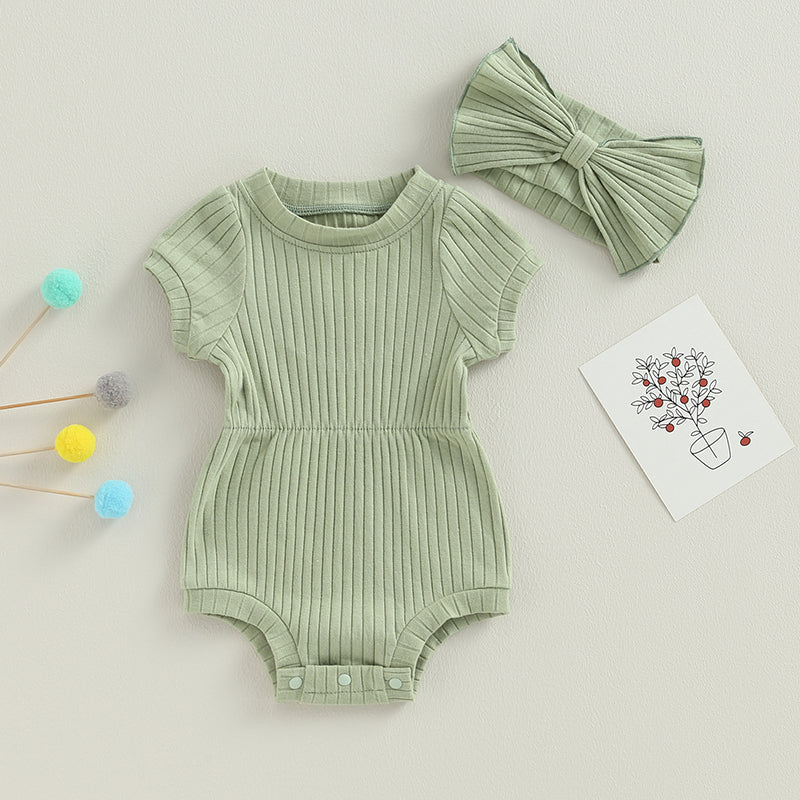 Newborn Baby Girl 2 Pcs Jumpsuits Clothing Suit Infant Summer Short Sleeve Knitted Romper with Bow Headband Set Toddler Clothes