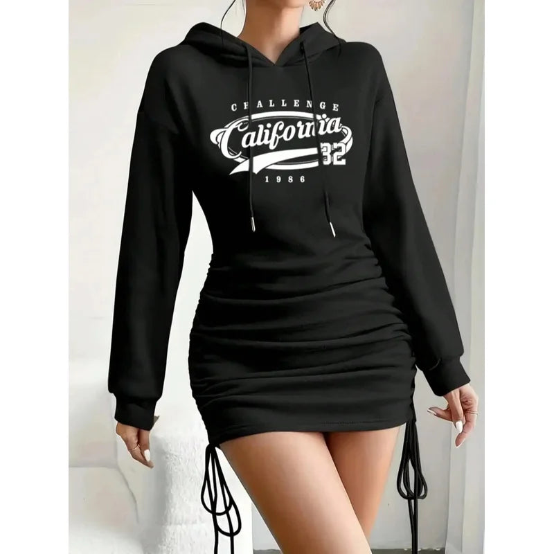 Women's Casual Long Sleeve Hooded Dress Solid Color Pattern Short Outdoor Wear for Daily Use