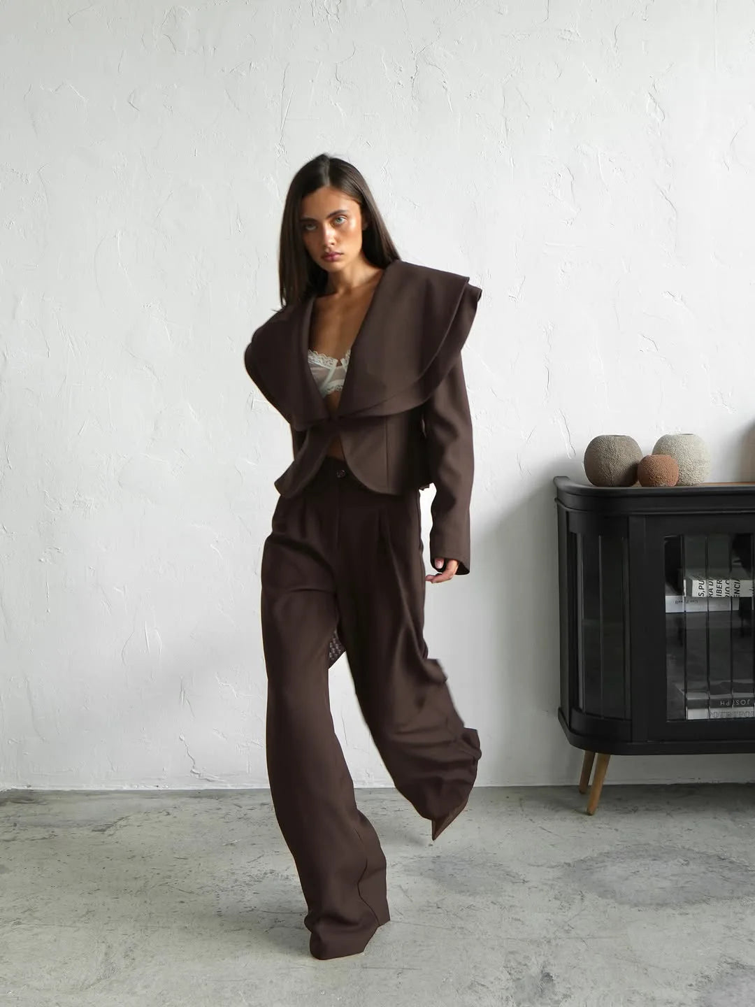 Chic Big Lapel Coat Pants Women Set Elegant Full Sleeve Single Breasted V-neck Straight Loose Trousers Solid Autumn Fashion Set