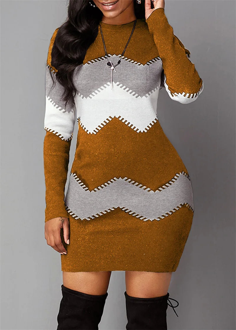 2025 Autumn Women's French Velvet Mini Dress Elegant Colour Blocking Casual Streetwear Femme Casual Slim Fit Pullover Dresses