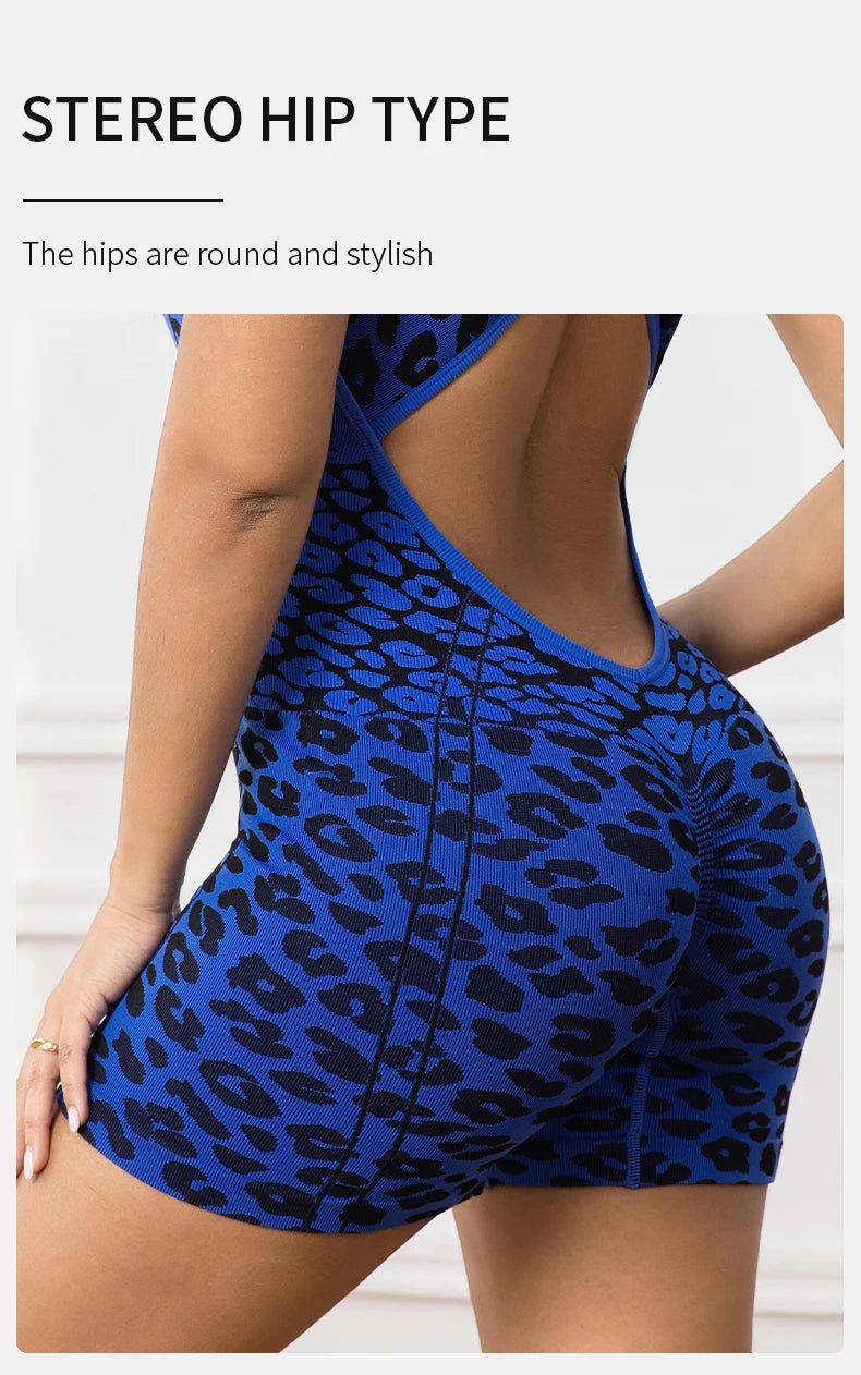 Women's Leopard Print Active Romper Bodysuit Cross-Back Open Design One-Piece Sculpting Fit Breathable Support for Workout Gym