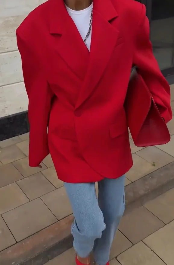 Women Red Blazer Jacket Single Button Lapel Collar Loose Casual Coats 2026 Autumn Winter New Fashion Street Oversized Streetwear