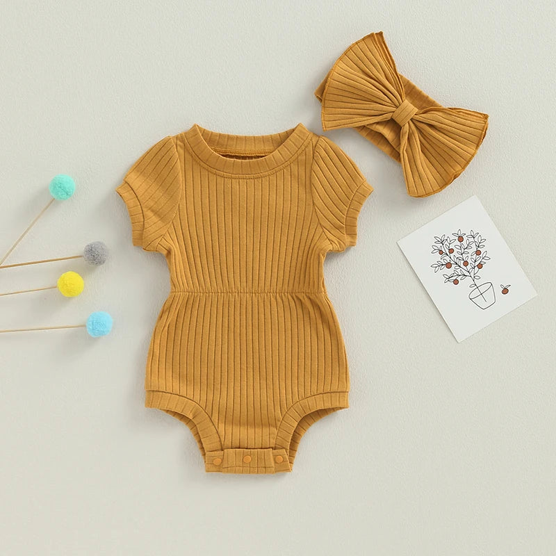 Newborn Baby Girl 2 Pcs Jumpsuits Clothing Suit Infant Summer Short Sleeve Knitted Romper with Bow Headband Set Toddler Clothes