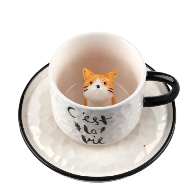 Modern Cartoon Cute Cat Ceramic Coffee Cup with Saucer Cute Cat Animal Porcelain Mug for Kids Birthday Gift Breakfast Milk Mug