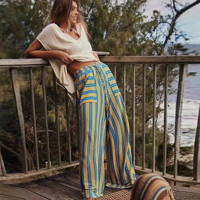Striped Zipper High-Waisted Trousers Slim Fit Flare Leg Double Pocket 2026 Summer Casual Women Bottom Fashion Chic Lady Pants