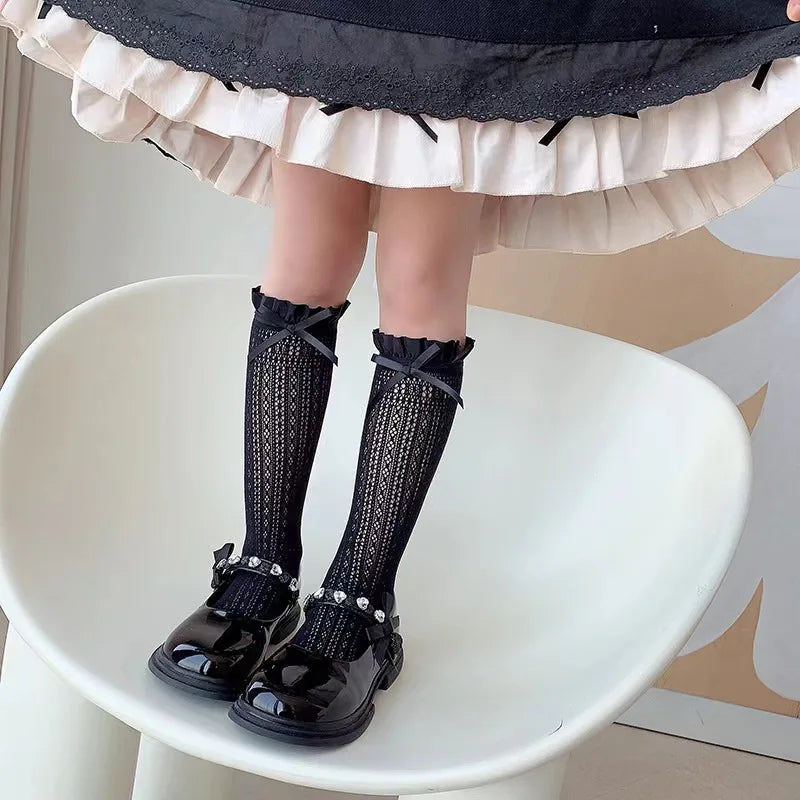 Girls Long Tube Lace Stockings Sweet Bow Jacquard Pattern Mesh Sock Baby Girl Ballet Fishing Net Frilly Socks Lolita Leggings