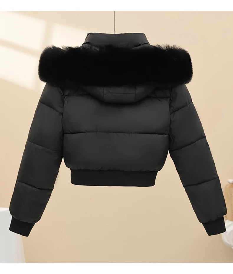 American Waistedn Big Fur Collar Hooded Short Cotton Coat for Women Winter New Fashionable Hat Detachable Casual Slimming Jacket