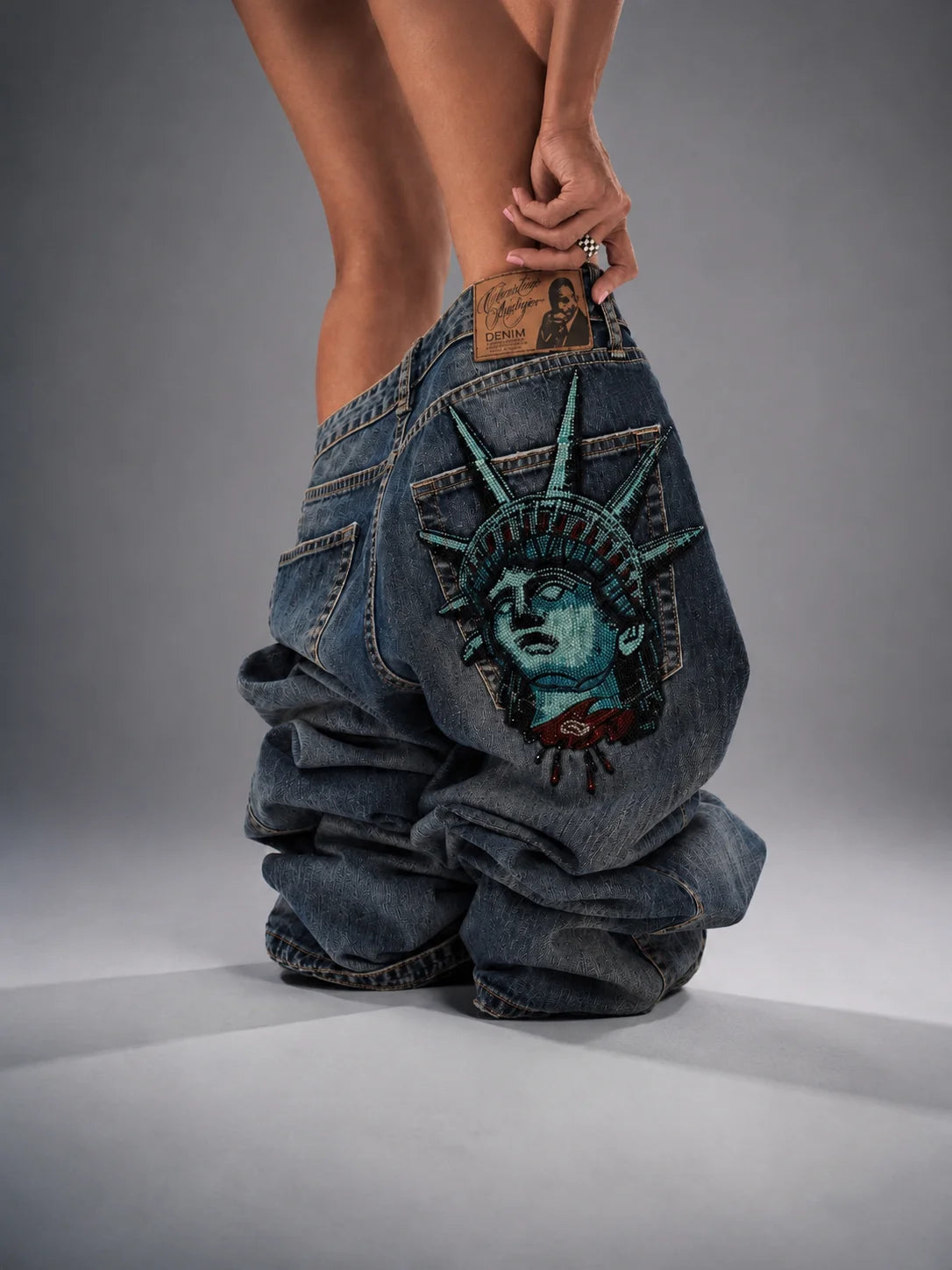 Y2K Wide-Leg Embroidered Jeans – High-Waist Vintage Style