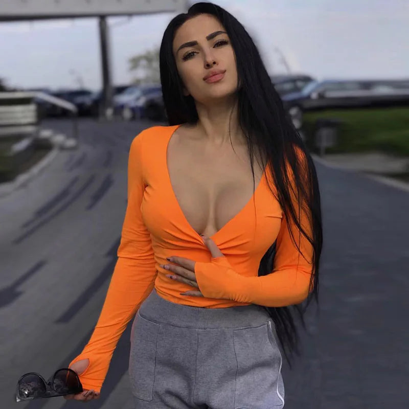 Orange Neon Bodysuit Women Long Sleeve Bodycon Sexy Autumn Winter Streetwear Club Party Outfits Casual Female Clothing