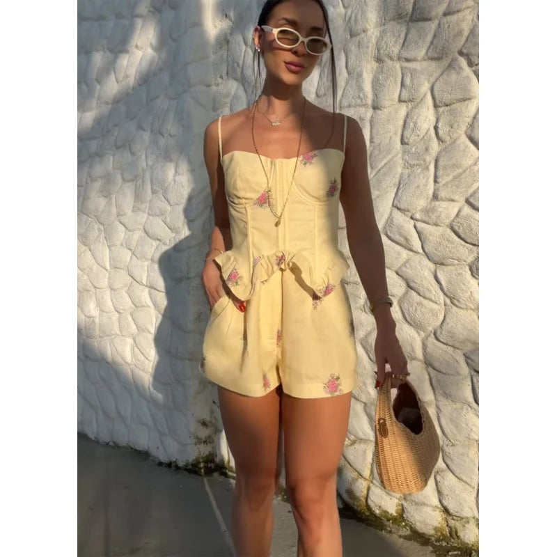 Print Spaghetti Strap Shorts Set Women Chic Boned Shaping French Floral Ruffled Waist Corset Set 2026 Lady Summer Daily Outfit