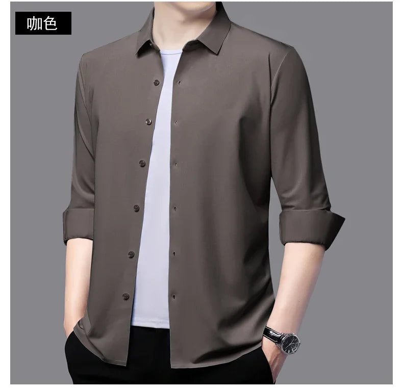 Seamless Anti-wrinkle Business Silky High Elastic Spandex Men's Long-sleeved Shirt Formal Social Non-iron Solid Color Casual