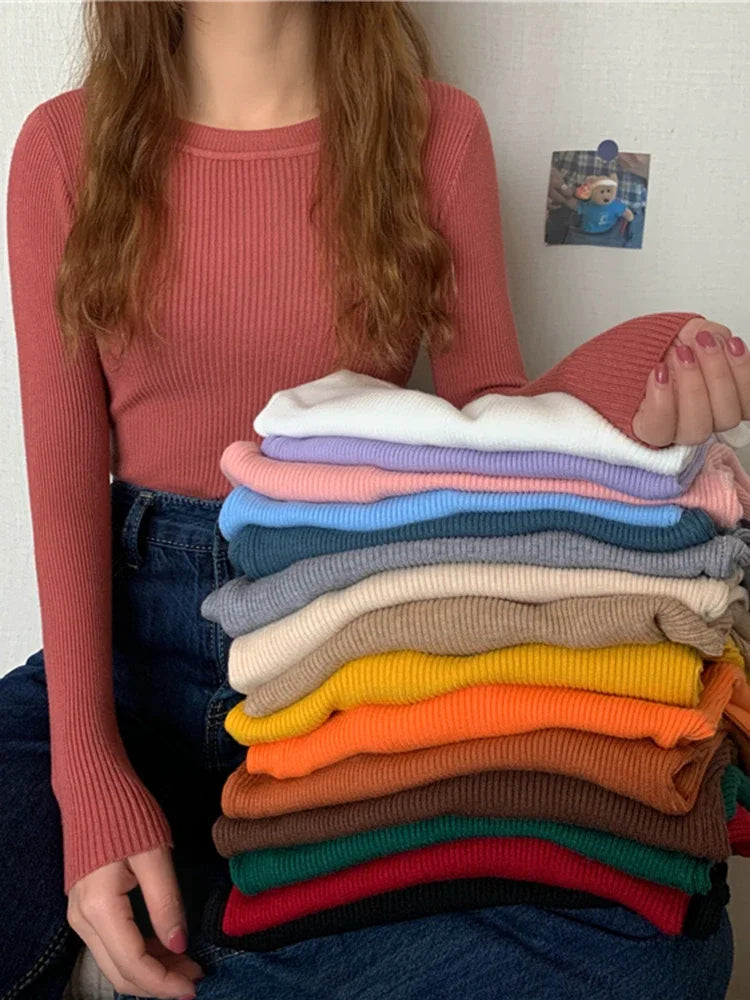 2026 Basic Tops Women Sweater Autumn Winter Long Sleeve Pullover Fashion O-neck Elastic Female Winter Solid Knitted Jumper