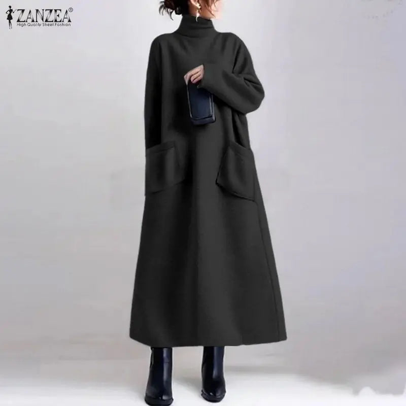 ZANZEA Fashion Sweatshirt Dress Women Casual Turtleneck Long Sleeve Solid A-Line Midi Dresses for Woman FW 2025 Cozy Warm Robes