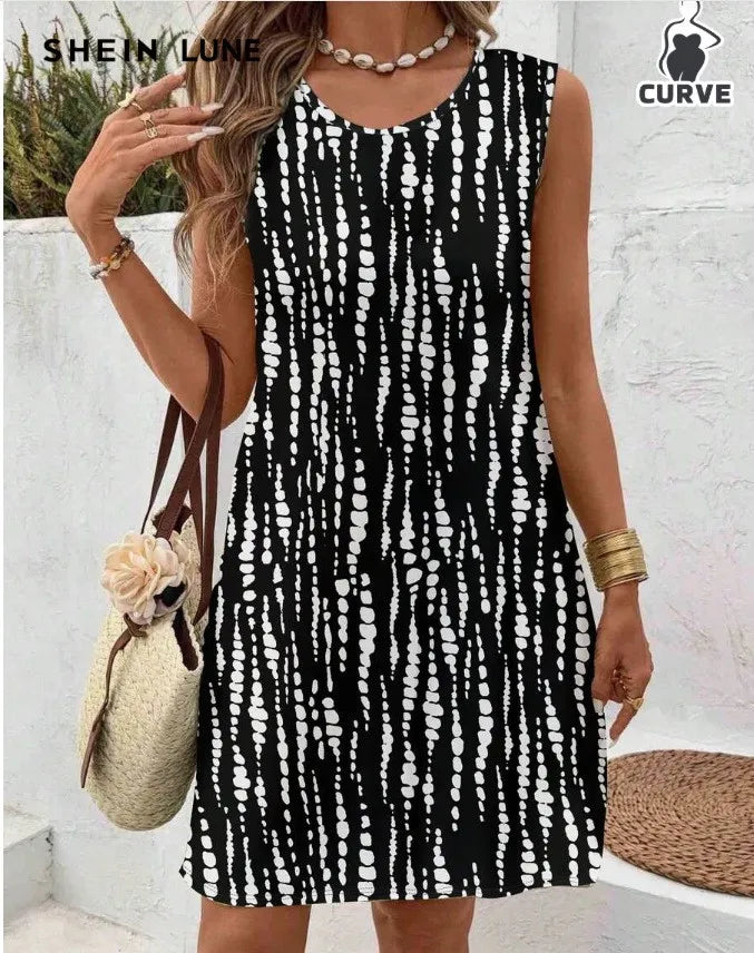Women's Casual Summer Dress Sleeveless Loose Fit Round Neck Pullover Mid Length 3D Print for Women Beach Camping Hiking Outfit