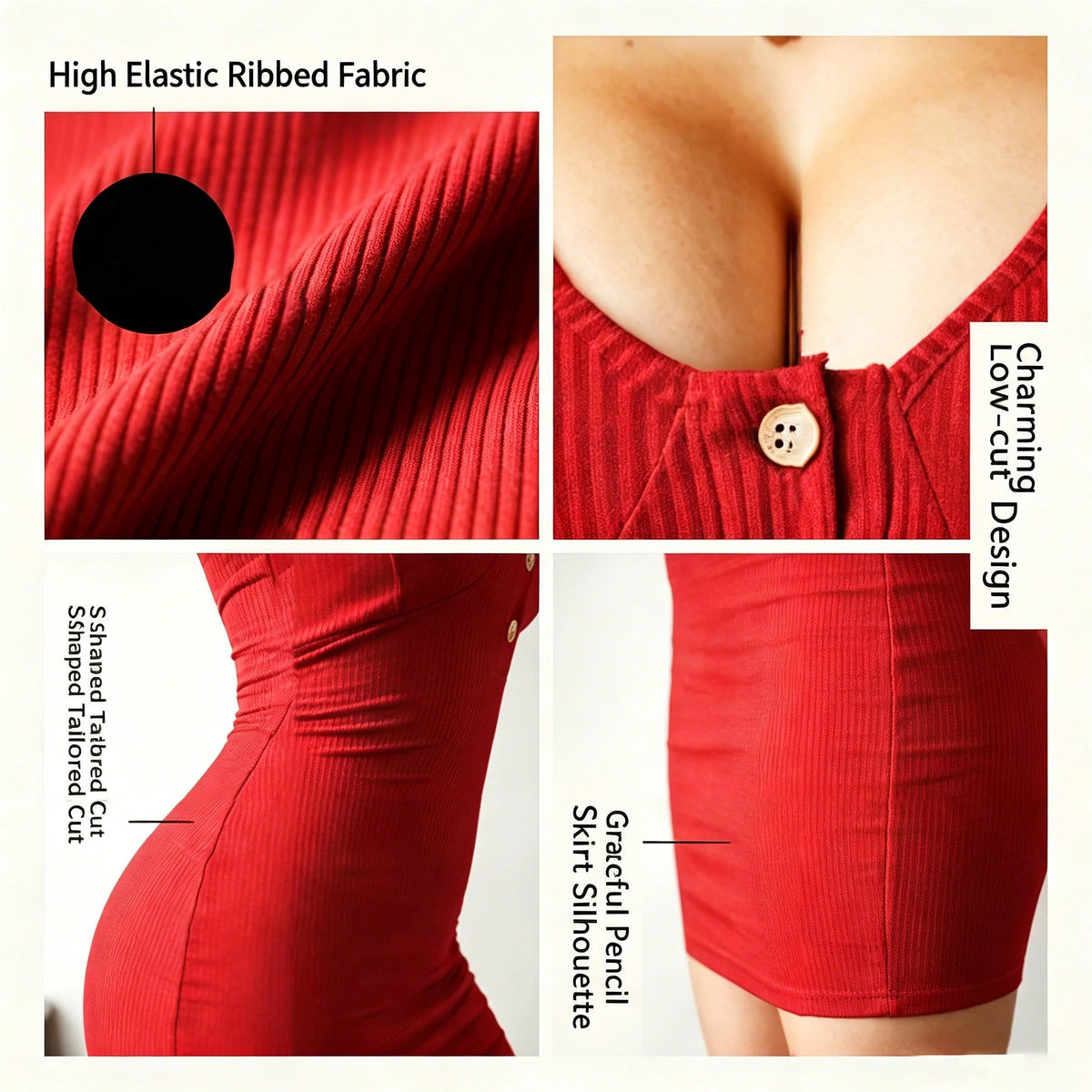 American-Style Spicy Girl Red Ribbed Sleeveless Bodycon Mini Dress, Henley V-Neck Three-Button Slim Fit Knit Dress
