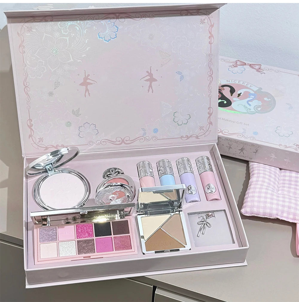NICEKEY Face Makeup Sets Include 4 Lipgloss,1 Blush,1 Pressed Powder,1 Eyesshadow Palette,1 Contour Palette With Necklace Gift