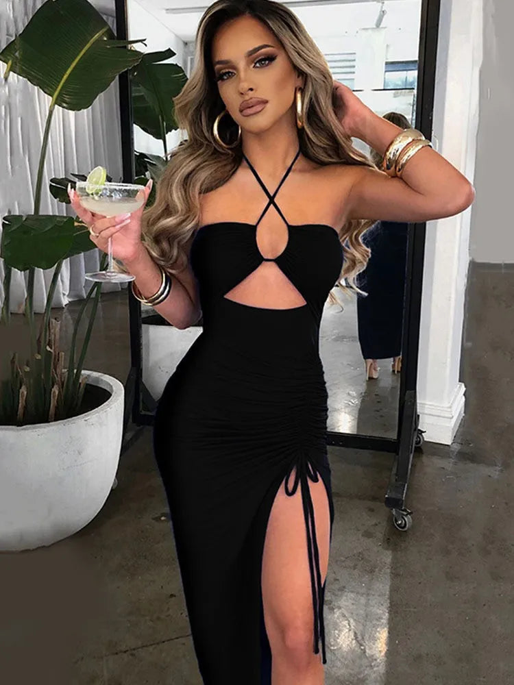 Summer Woman Dress Halter Neck Sleeveless High Waist Slit Maxi Dress Ruched Side Backless Elegant Party Evening Black for