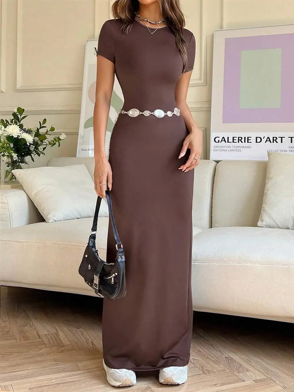 Sexy Slim Fit Short Sleeve round Neck Dress Pure Color Long Dress for Women LinJ2026 Casual European Style mid Waist Skirt