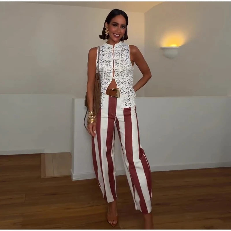 Soft Denim Button‑Front Curved‑Cut Jeans Slim‑Fit Striped 2026 Summer Casual Women Denim Pants Fashion Versatile Lady Trousers