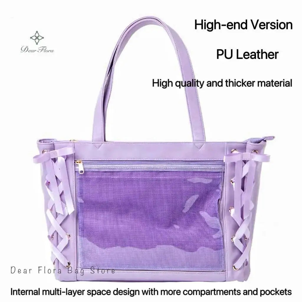Japanese Sweet Women Ribbon Ita Bag Fashion Large Capacity Tote Bag Aesthetic Shoulder Bag Cute Lolita Girl Transparent Handbags