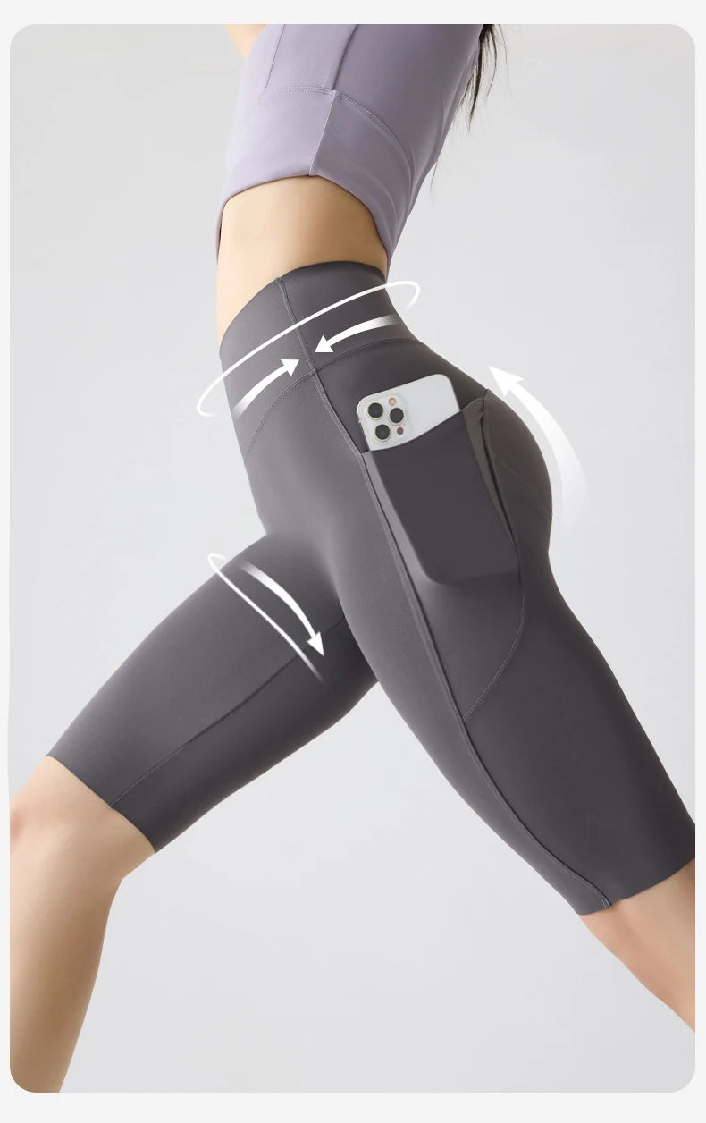 BIVIGAOS Summer Pocket Yoga Sharkskin Bicycle Shorts Women Thin High Waist Push Up Naked Feeling Sports Fitness Cycling Shorts