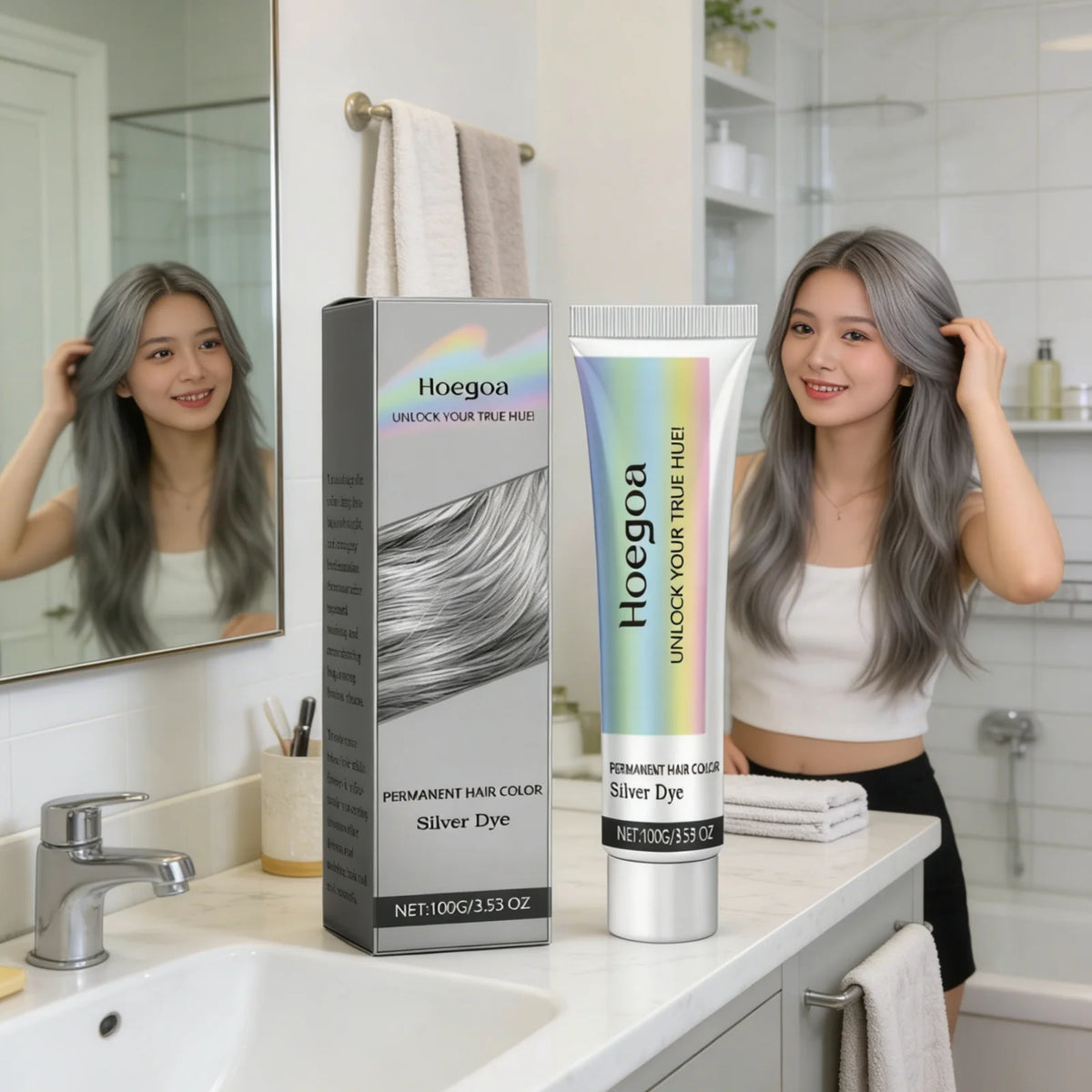 Hoegoa Silver Hair Dye Fashion Look Accurate Color Long Lasting Easy Apply Gentle Ingredients Nourishing Hair Color Cream 100g